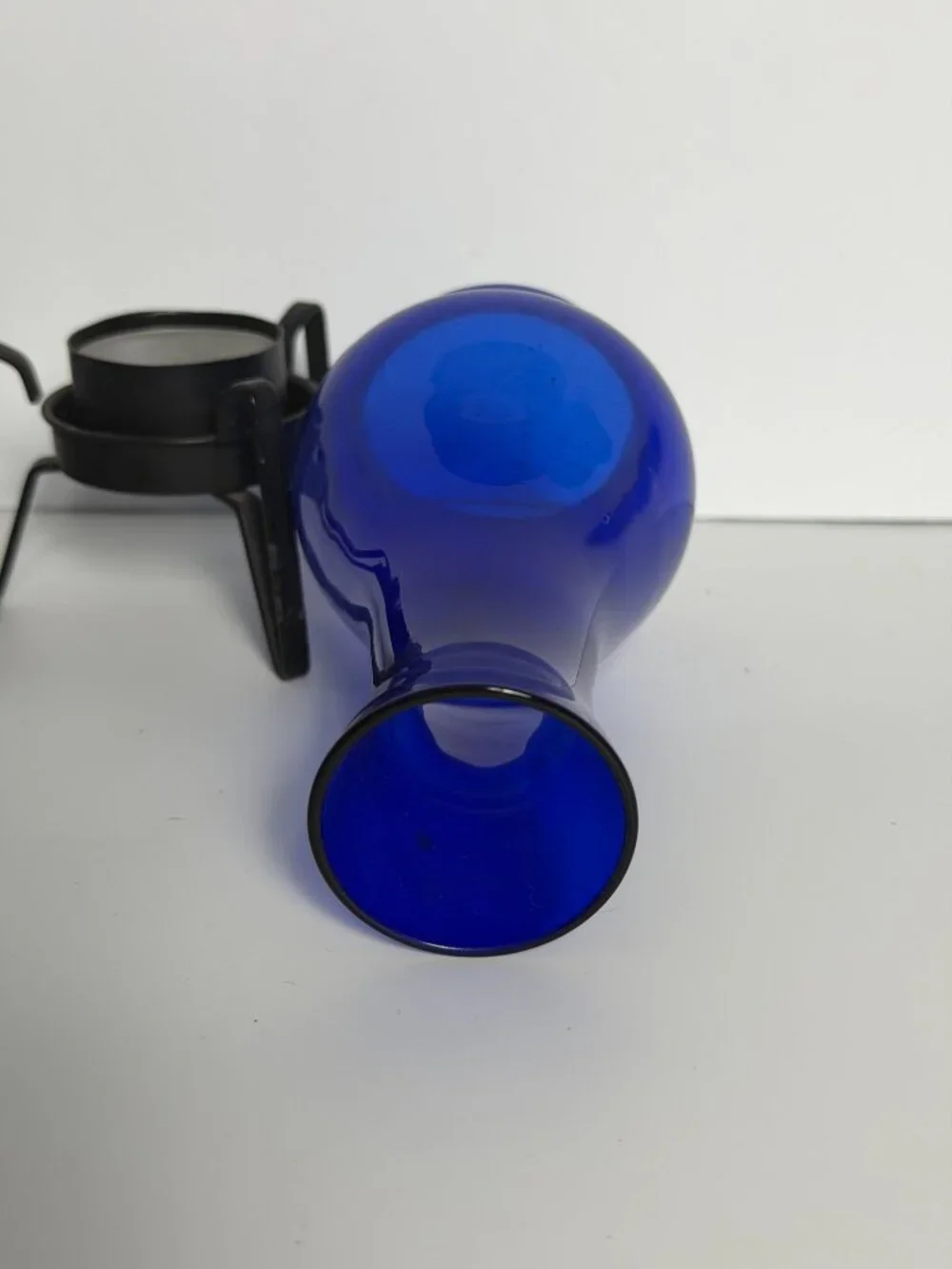 Vintage Cobalt Blue Glass Candle Holder Lantern Black Votive Metal MCM Modernist